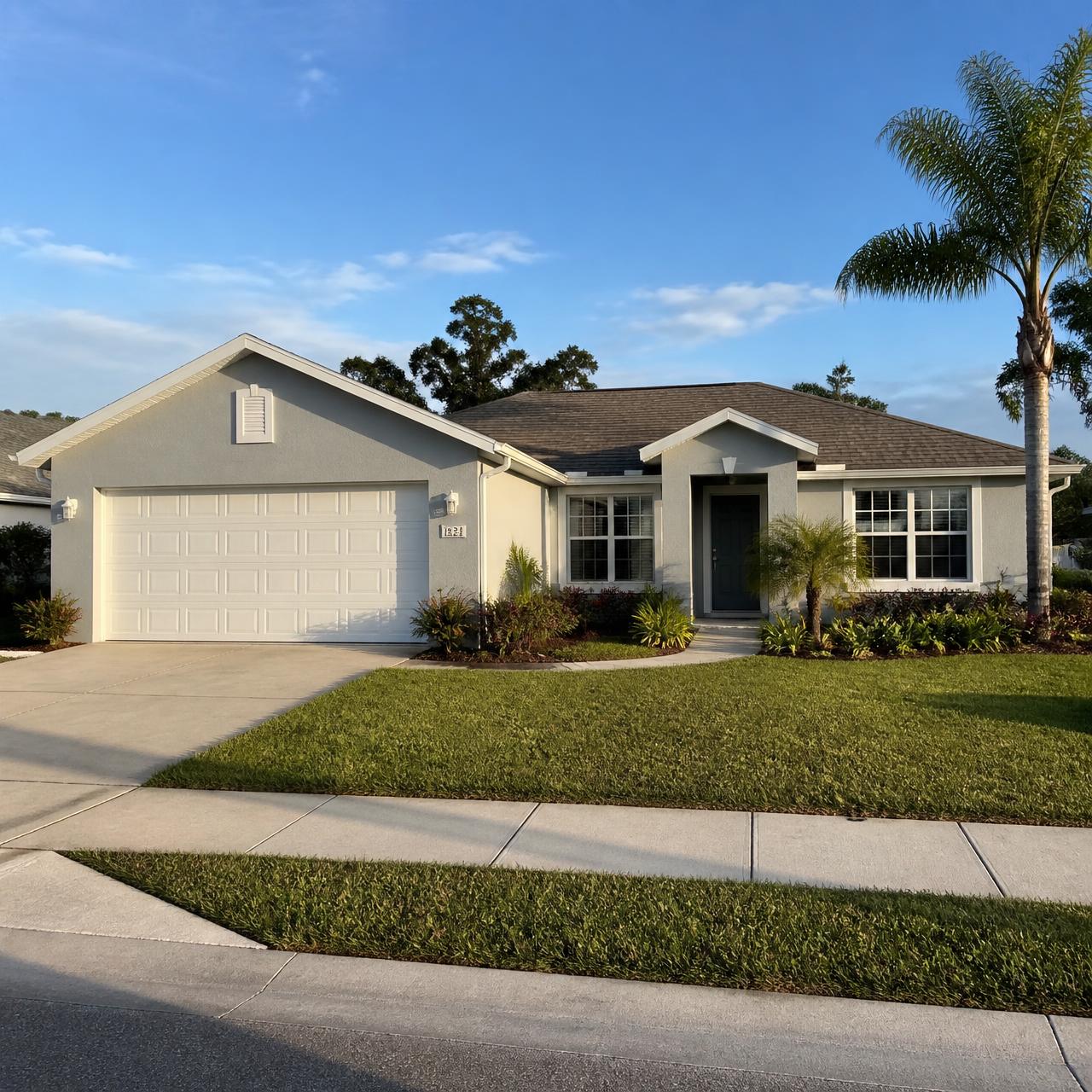 Freshly painted single-family Florida home with white trim and a two-car garage