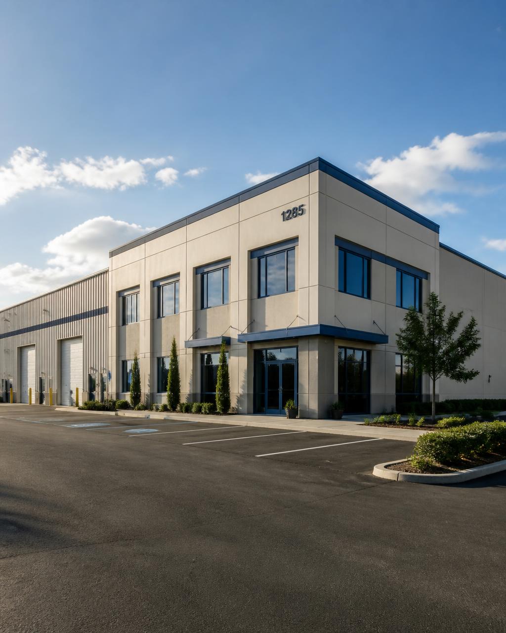 Freshly painted two-story office building with an industrial warehouse wing
